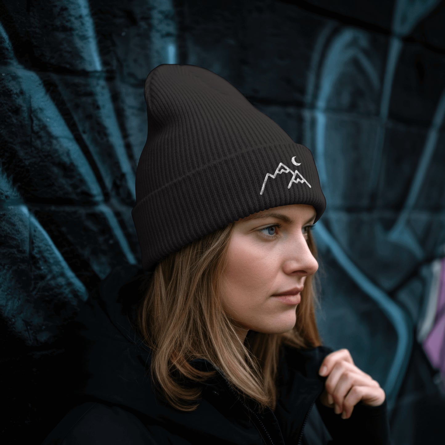 Minimal Mountain & Moon Beanie