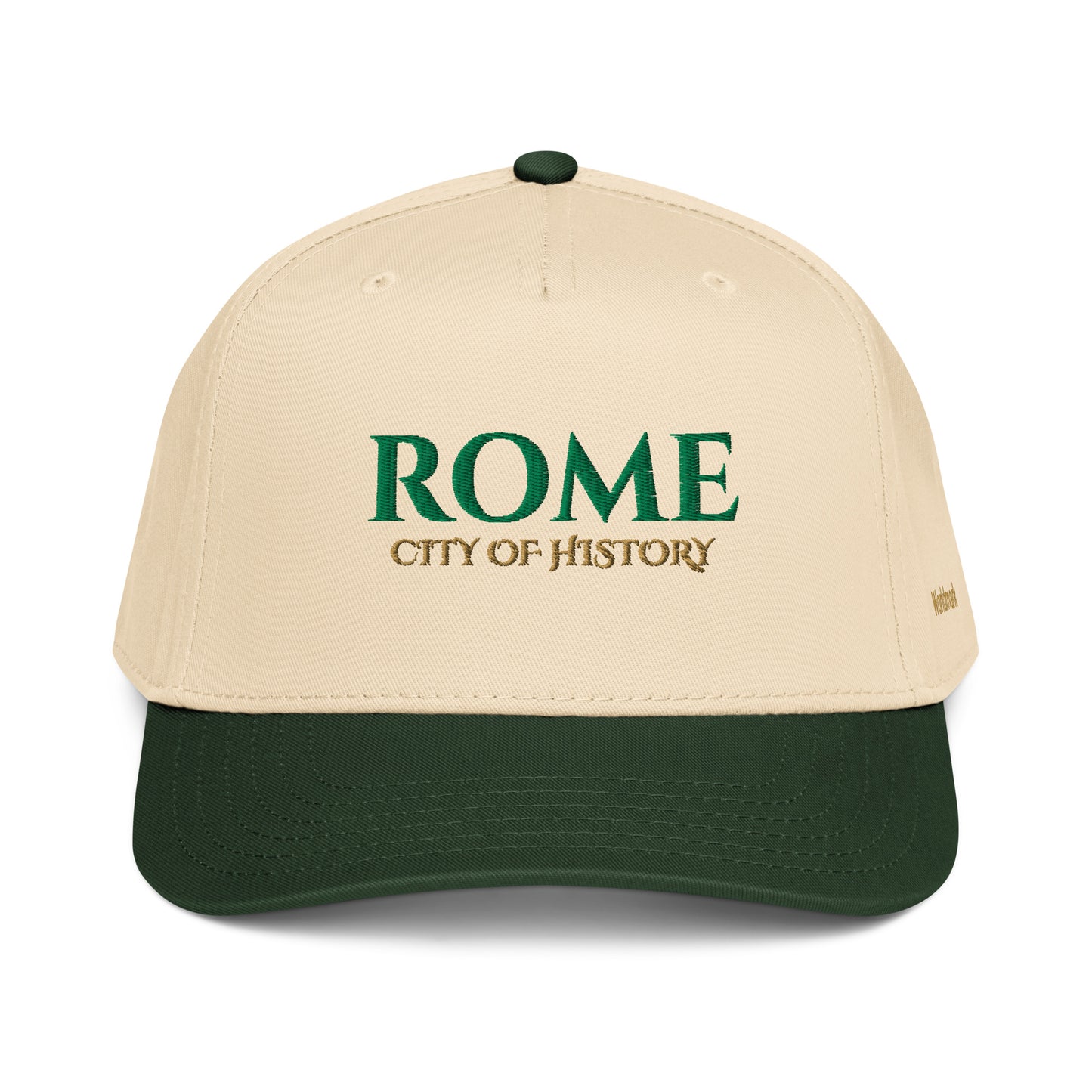 Two-tone cream and green Rome embroidered cap with gold “City of History” text and Worldmark logo — Italian heritage style.