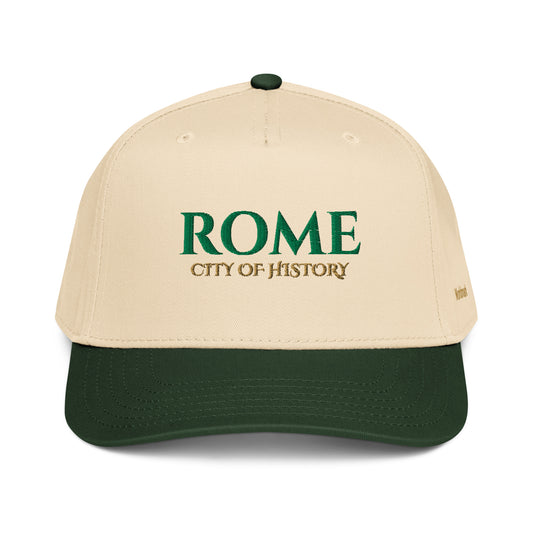 Two-tone cream and green Rome embroidered cap with gold “City of History” text and Worldmark logo — Italian heritage style.