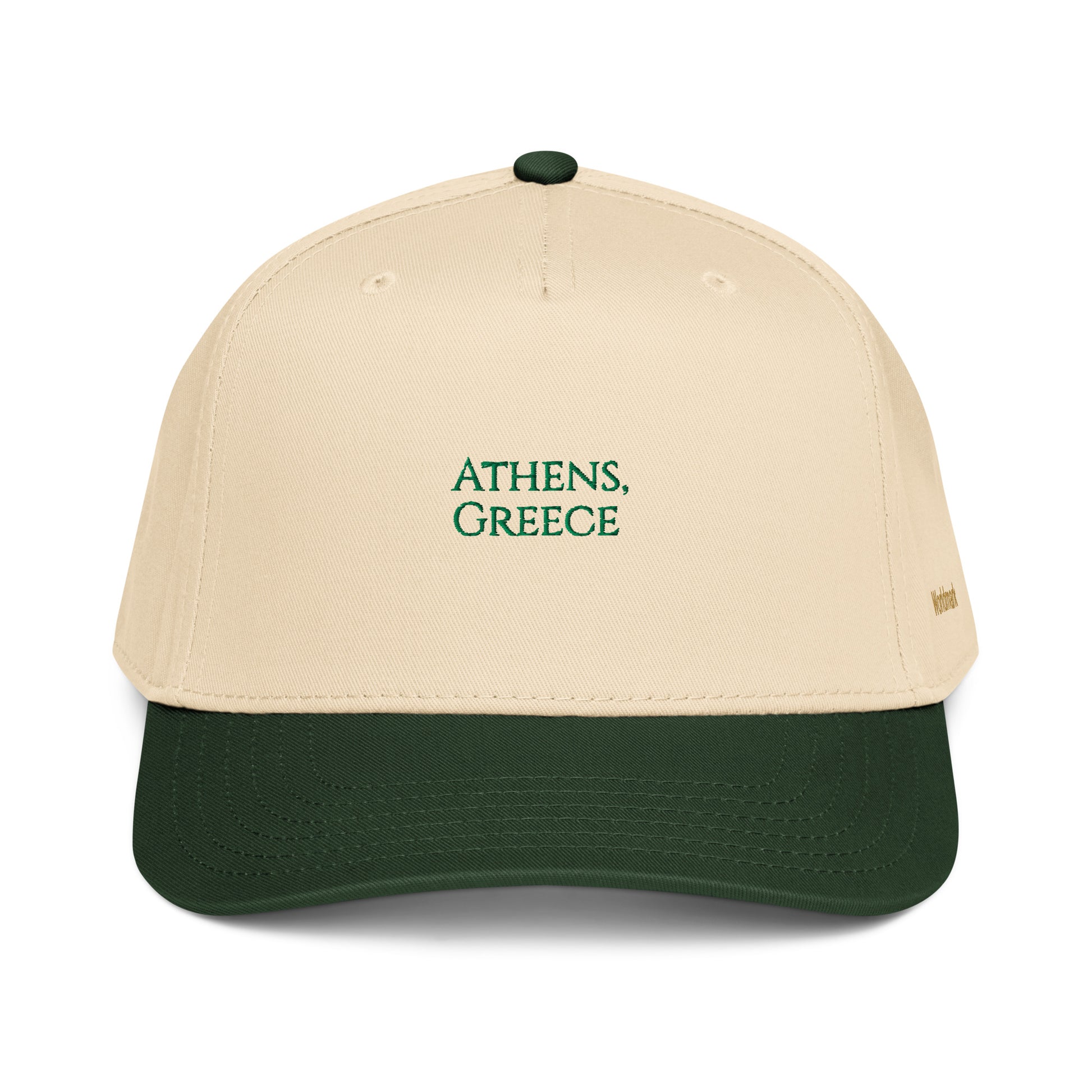 Two-tone cream and green Athens embroidered cap featuring “Athens, Greece” text and gold Worldmark logo — inspired by Greek heritage and modern simplicity.