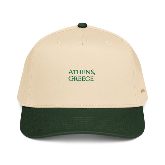 Two-tone cream and green Athens embroidered cap featuring “Athens, Greece” text and gold Worldmark logo — inspired by Greek heritage and modern simplicity.