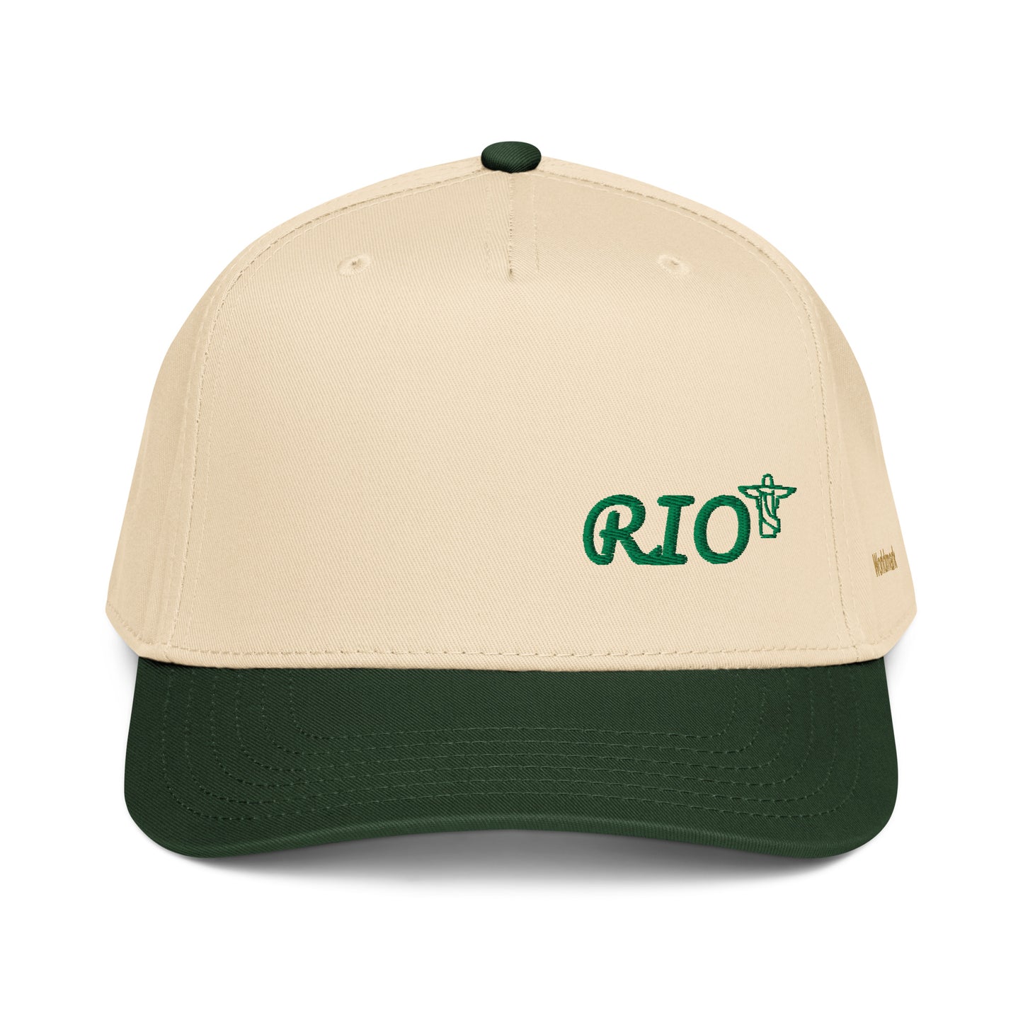 Two-tone cream and green Rio embroidered cap featuring Christ the Redeemer icon and gold Worldmark logo — inspired by Brazil’s tropical energy and rhythm.