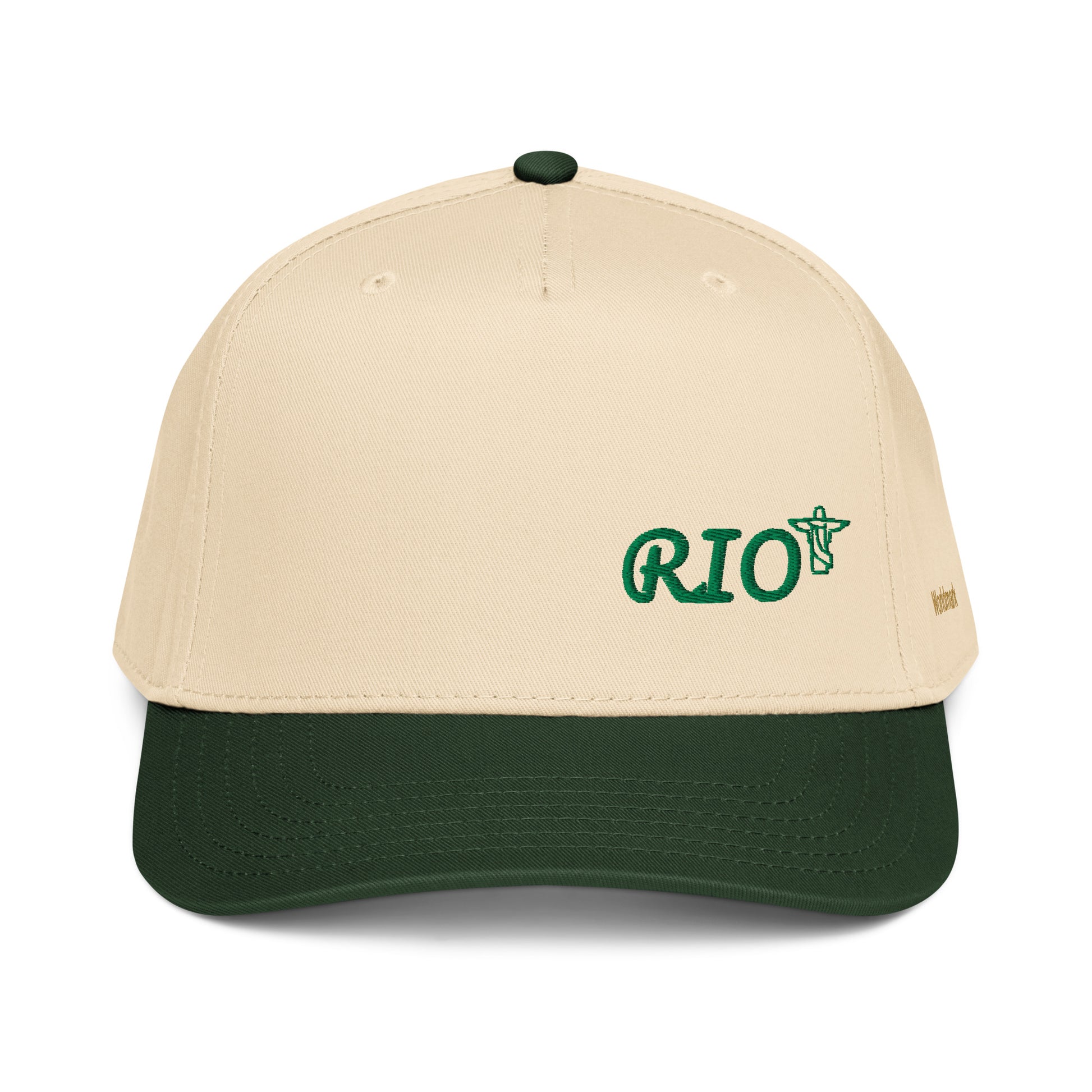 Two-tone cream and green Rio embroidered cap featuring Christ the Redeemer icon and gold Worldmark logo — inspired by Brazil’s tropical energy and rhythm.