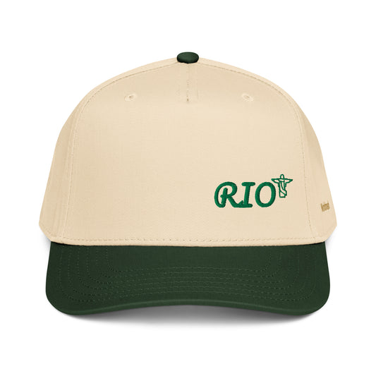 Two-tone cream and green Rio embroidered cap featuring Christ the Redeemer icon and gold Worldmark logo — inspired by Brazil’s tropical energy and rhythm.