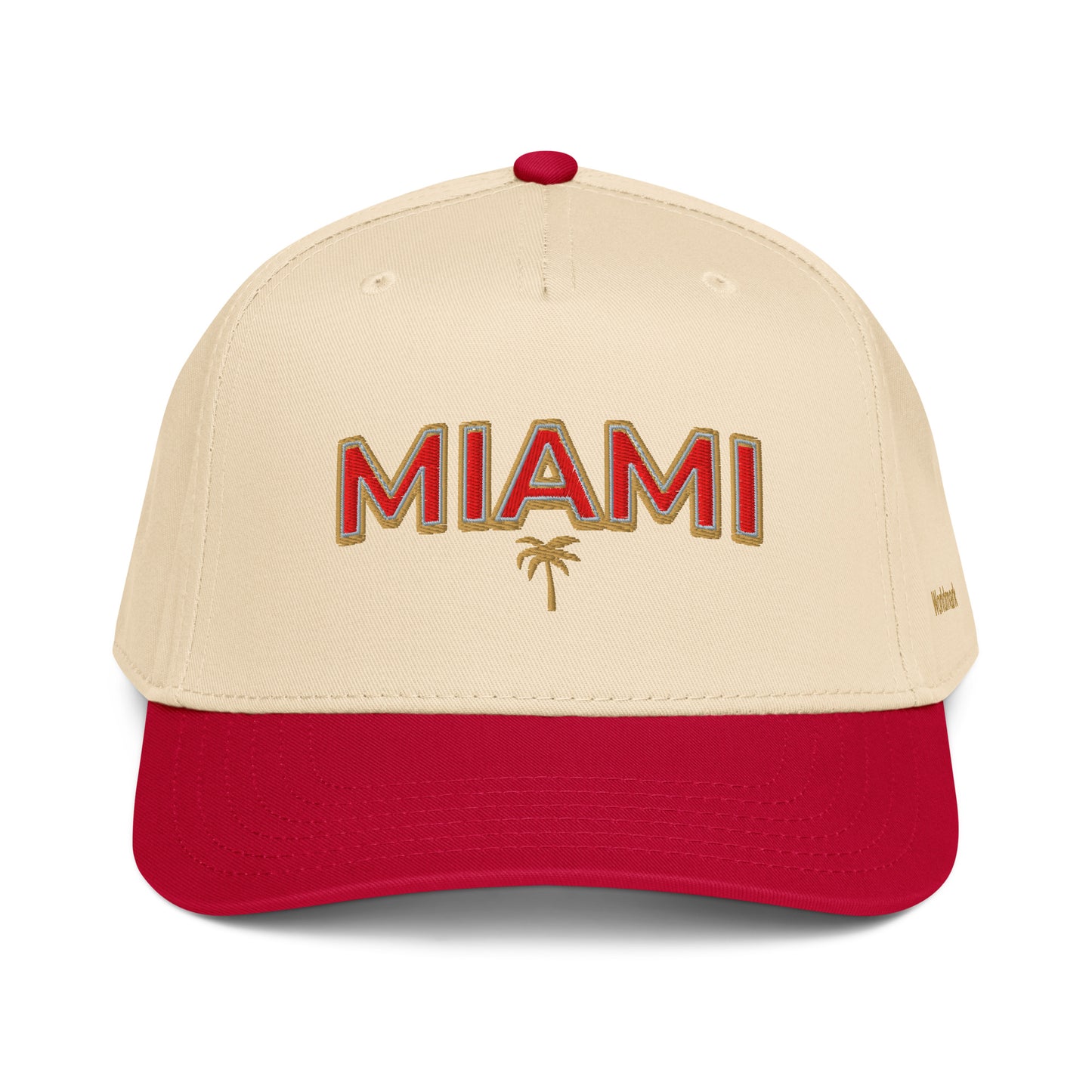 Two-tone cream and red Miami embroidered cap featuring gold palm tree and Worldmark logo — summer beach style design.