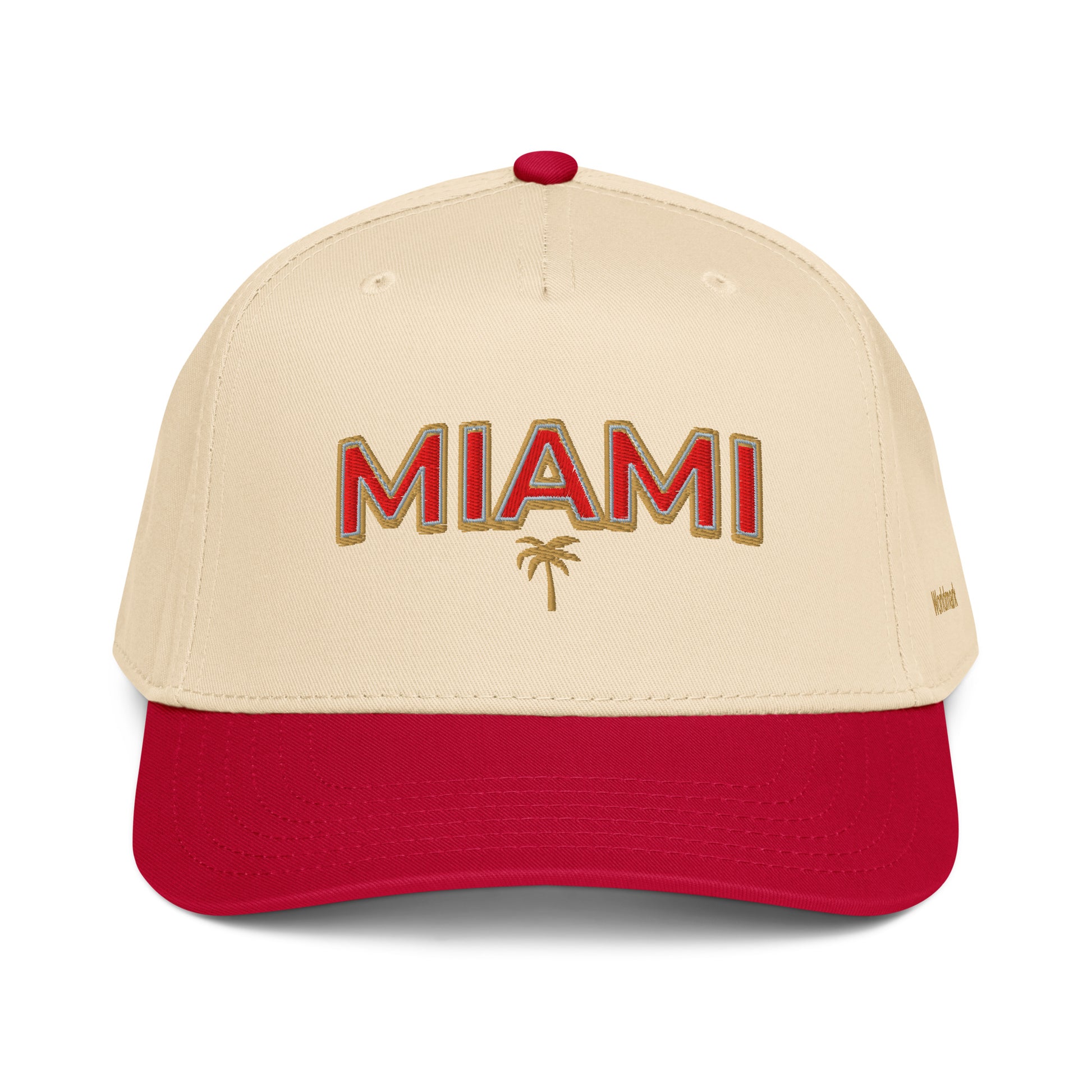 Two-tone cream and red Miami embroidered cap featuring gold palm tree and Worldmark logo — summer beach style design.