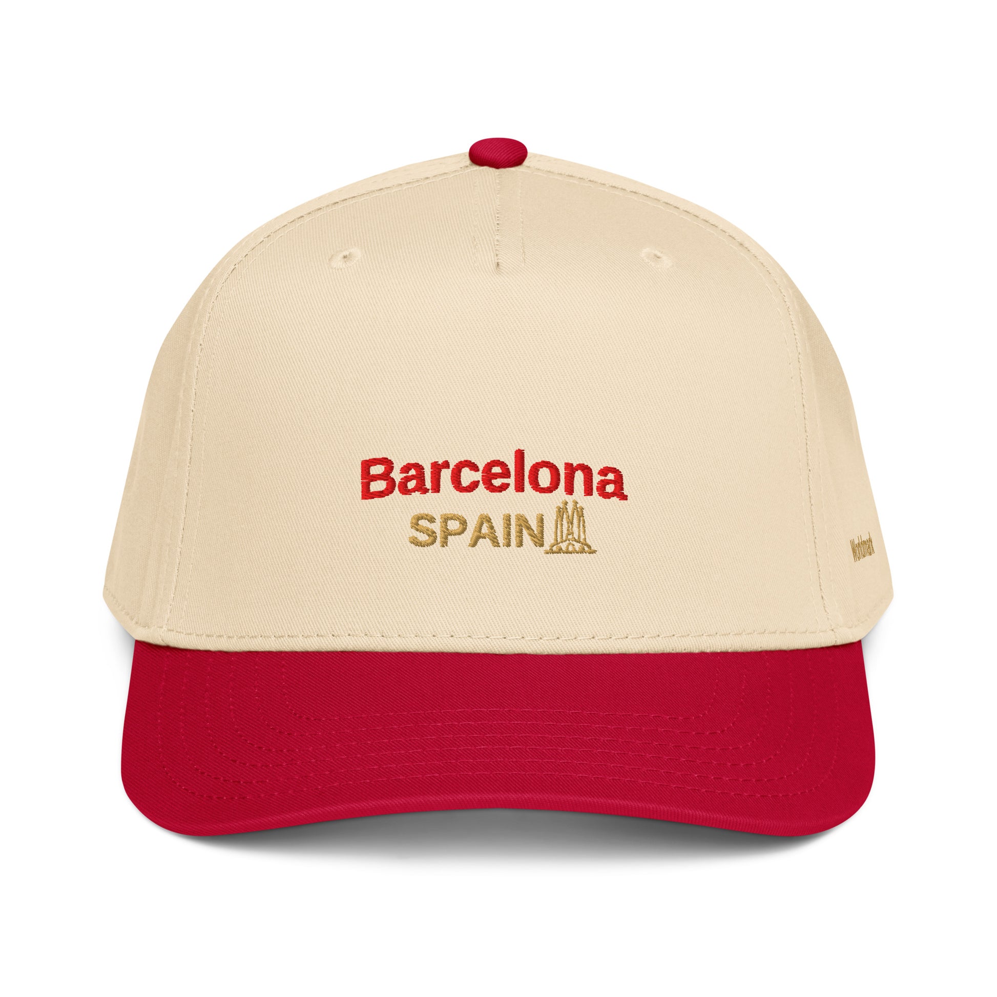 Two-tone cream and red Barcelona embroidered cap featuring gold “Spain” text and Sagrada Familia icon — inspired by Spain’s artistic heritage.